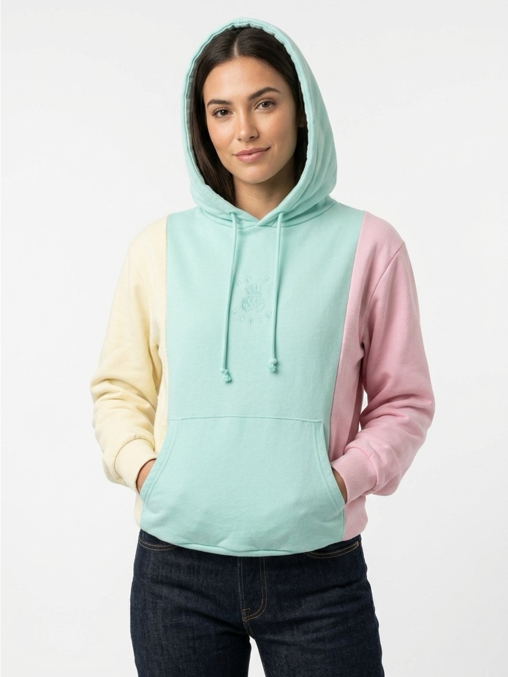 Teddy Fresh Pullover Hoodie Embroidered Bear Logo Colorblock Mint Pink Yellow M